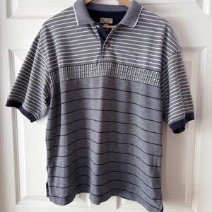 Bugle Boy Original Mens Large Vintage 90s Striped Geometric Knit Polo Shirt Blue